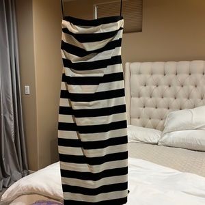 Robert Rodriquez Black and half white stripe off the shoulder knee length dress